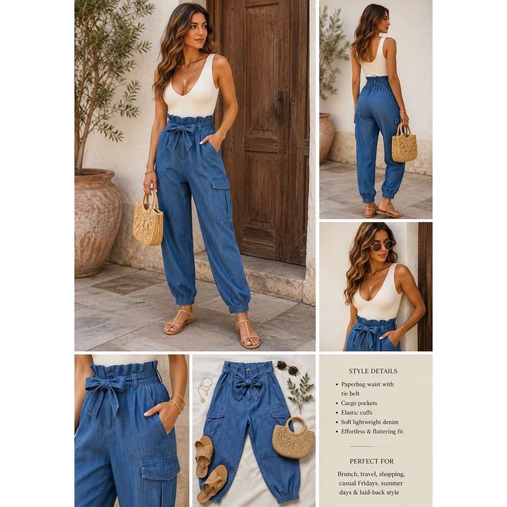Sofia Jeans by Sofia Vergara Paperbag Waist Cargo Joggers Blue Denim Pants S